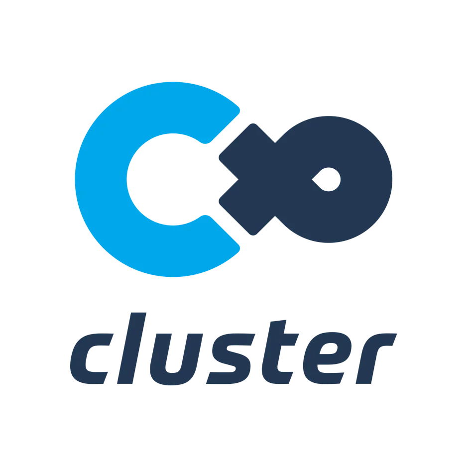 青と紺色の図形とテキスト「cluster」が配置された画像。