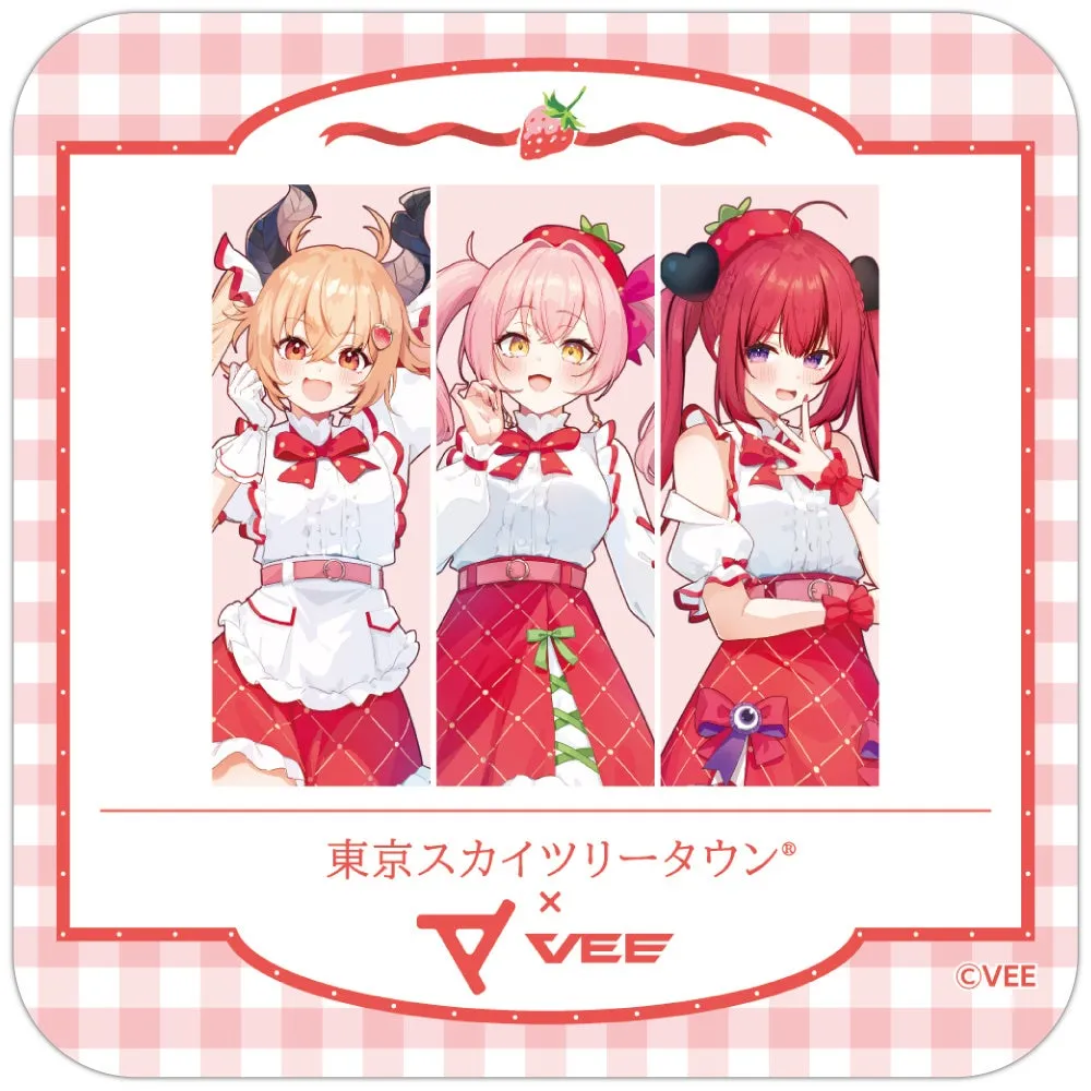 3人の女の子が描かれたイラスト。背景はイチゴ柄で、東京スカイツリータウンとVEEのコラボを示唆している。