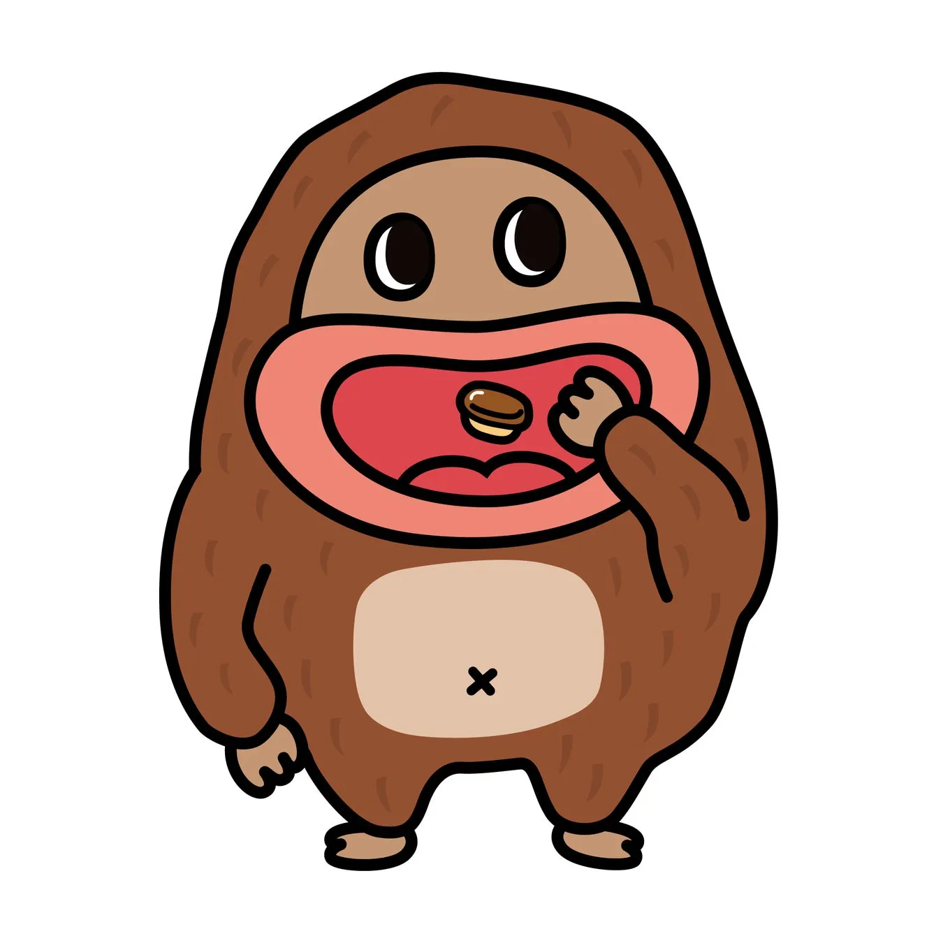 ハンバーガーを口に入れている茶色いキャラクターのイラスト。