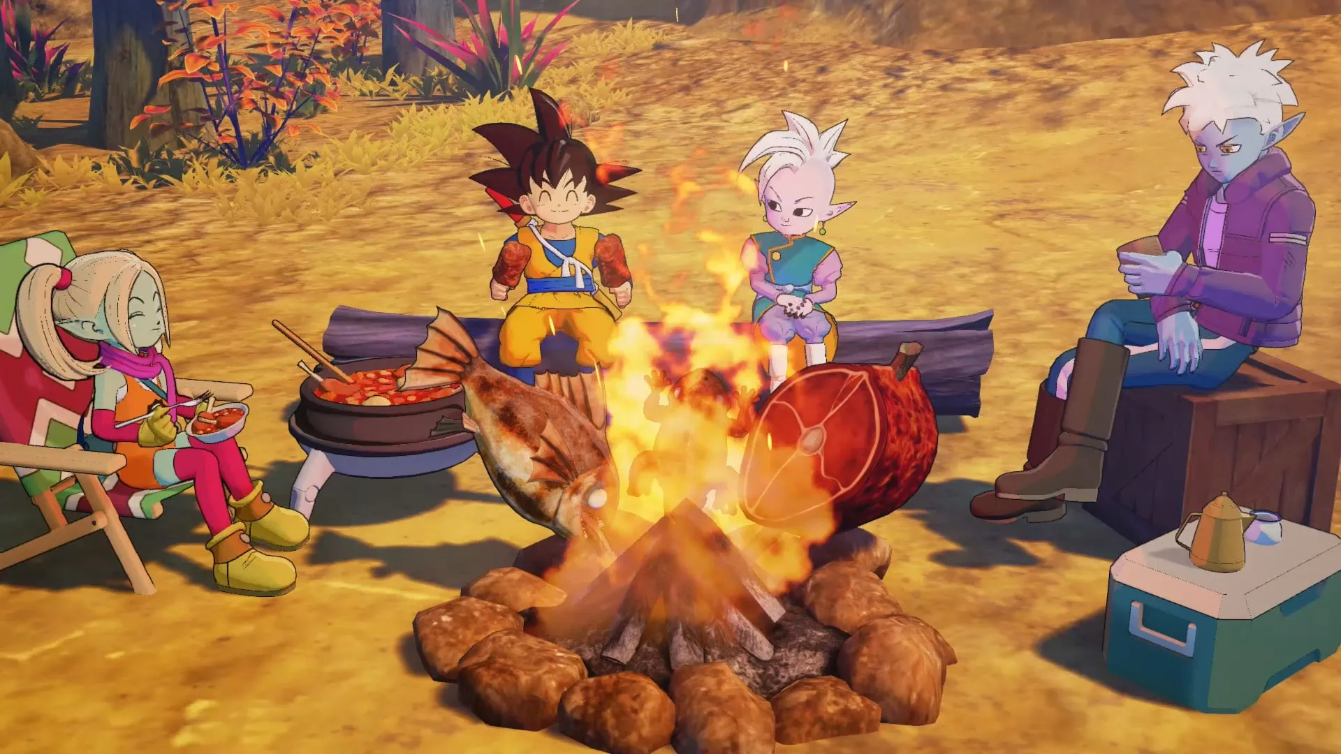キャンプファイヤーを囲んで食事をするドラゴンボールのキャラクターたち