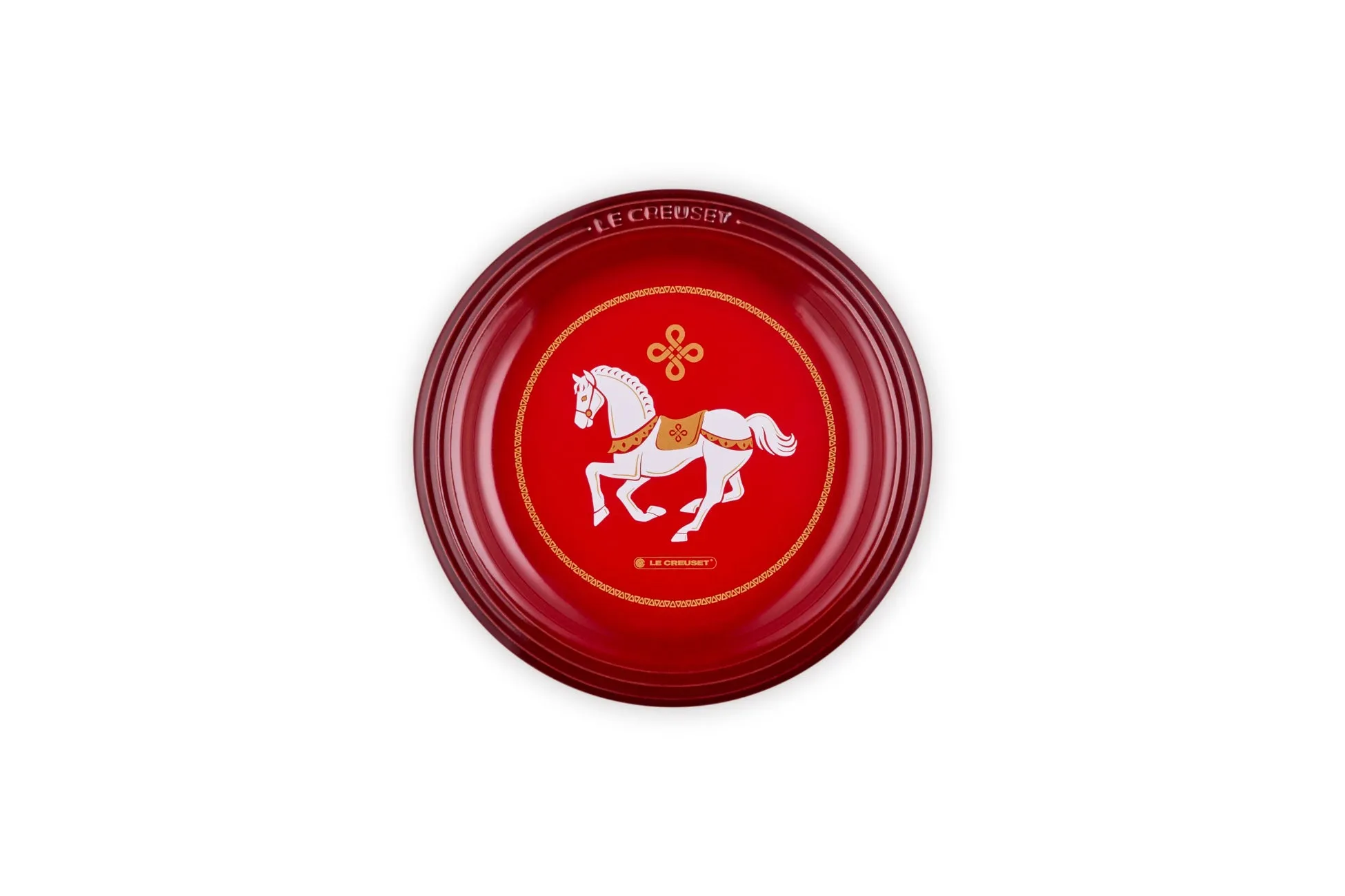 赤い皿に白馬のイラスト（ロゴあり）