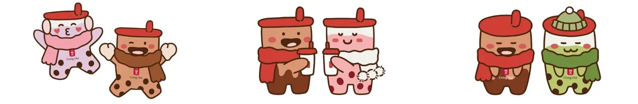 ゴンチャのキャラクターが描かれたイラスト。キャラクターはタピオカドリンクをモチーフにしており、様々な衣装や表情をしている。