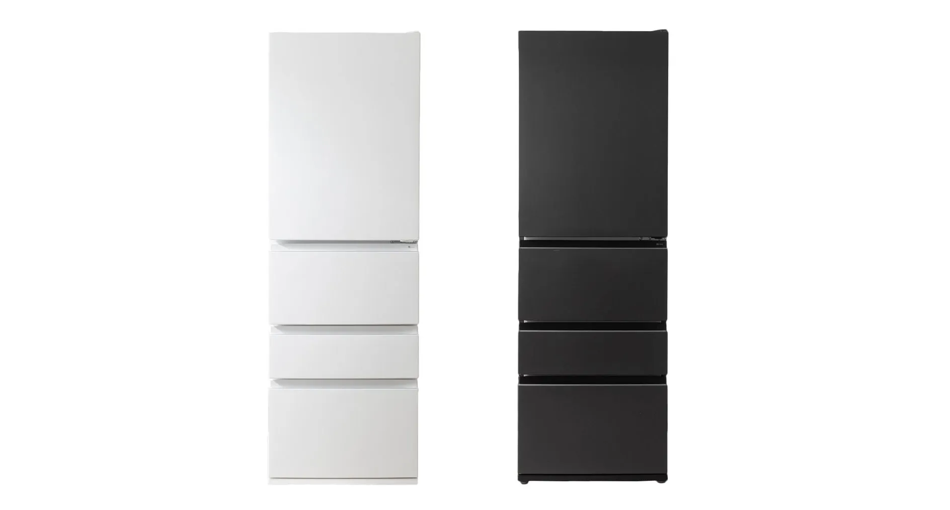 白と黒の冷蔵庫の画像です。冷蔵庫は、上部がドア、下部が引き出しになっている2つの部分に分かれています。