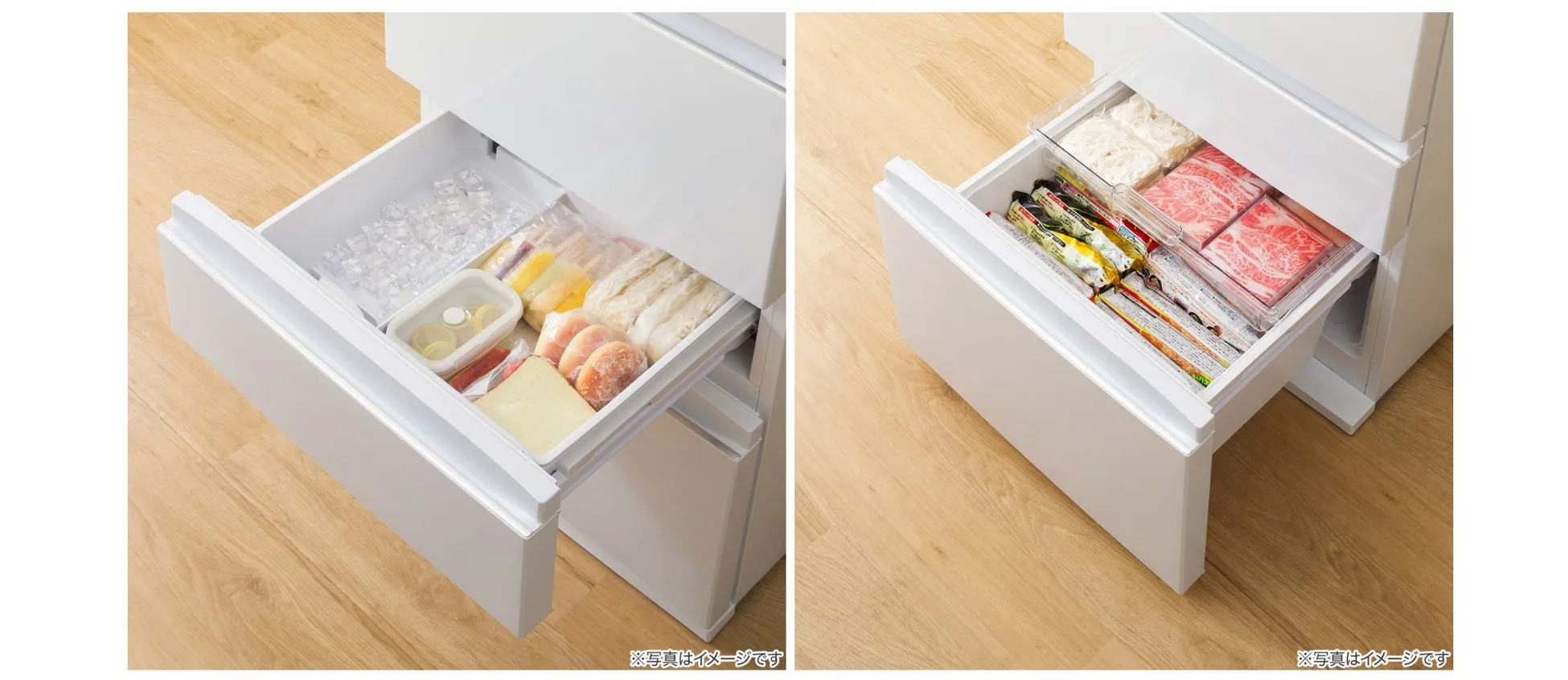 冷凍庫の引き出しの中に、冷凍された食品が整理されて収納されている様子を写した写真です。