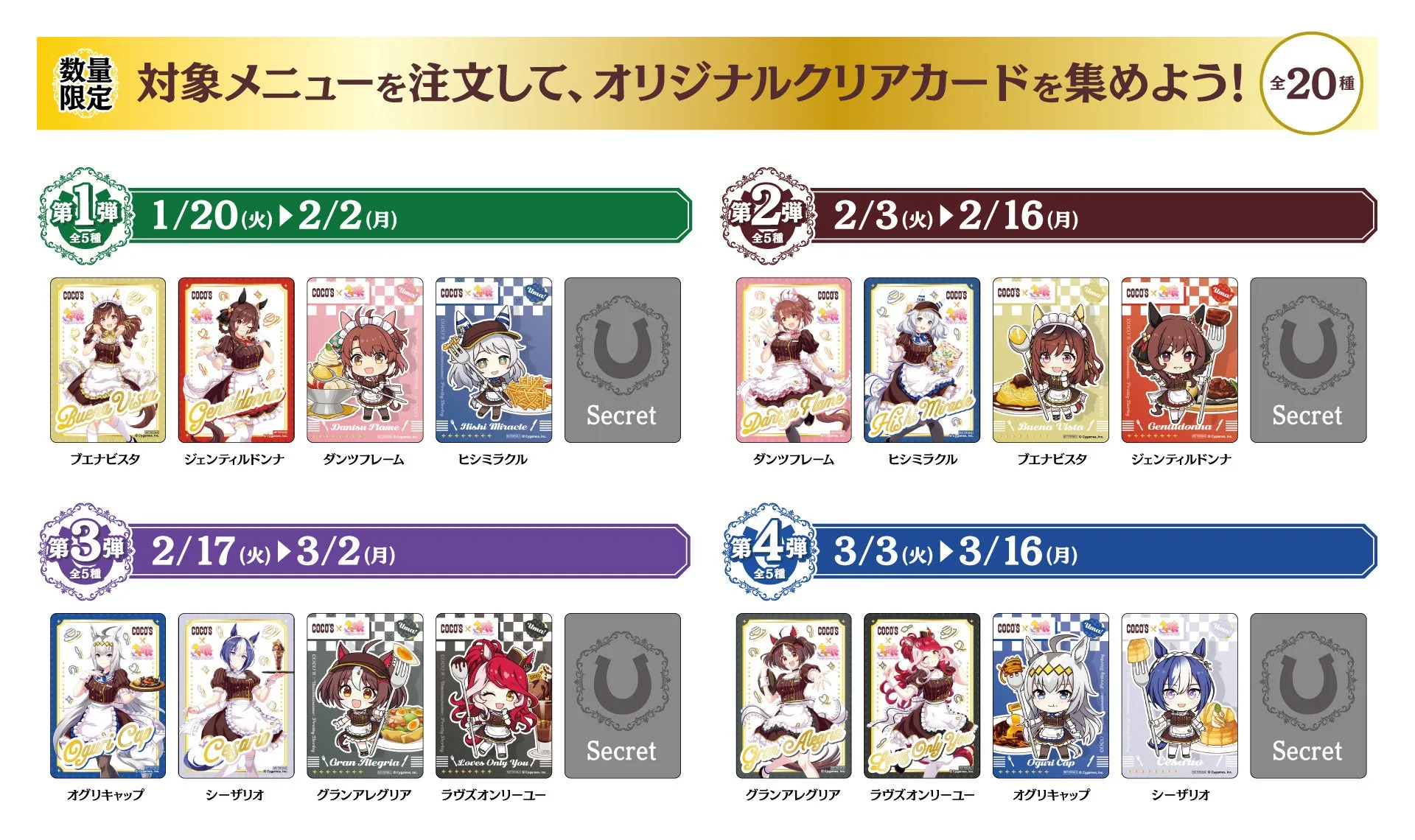 COCO'Sのオリジナルクリアカードキャンペーンの告知画像。対象メニューを注文すると、全20種のオリジナルクリアカードがもらえる。カードには、ウマ娘のキャラクターが描かれている。