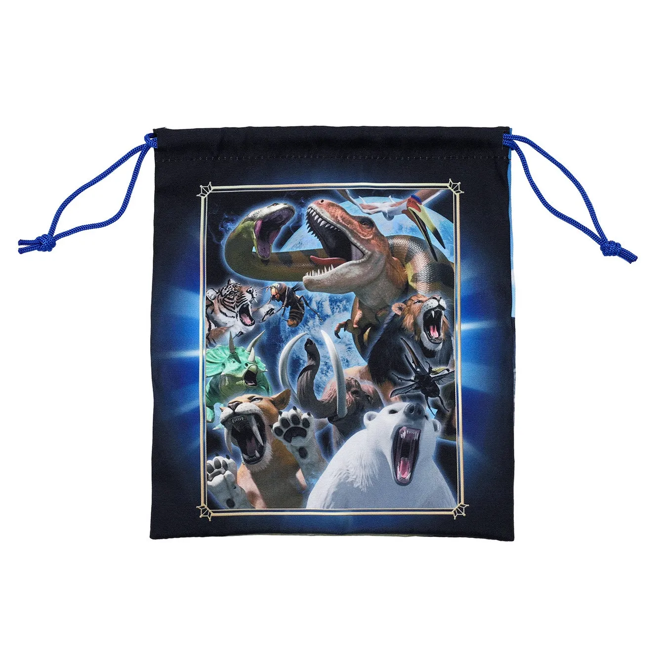 黒い巾着袋に、様々な動物や恐竜が描かれたイラストがプリントされている。背景は青色で、動物たちが叫んでいる様子が描かれている。
