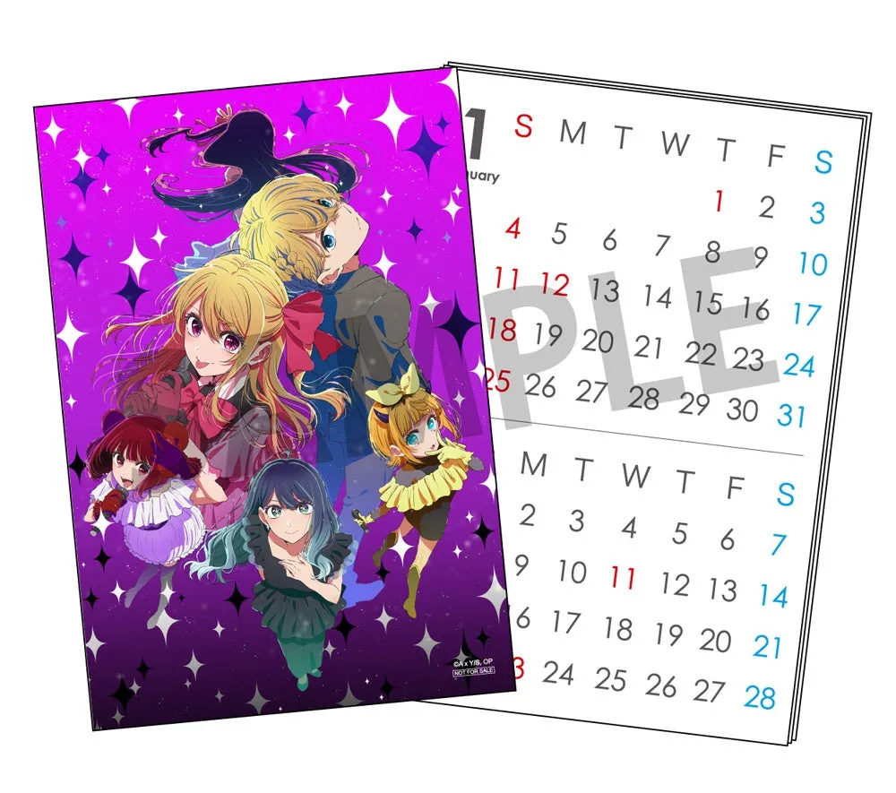 アニメのキャラクターが描かれたカレンダーで、紫色の背景に星が散りばめられています。カレンダーの数字が印刷されています。