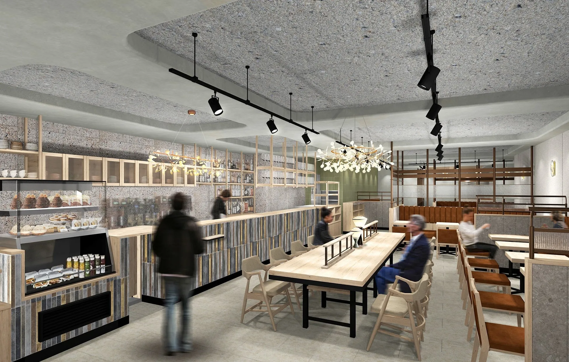 カフェやレストランの内装デザインのレンダリング。客席、カウンター、ショーケース、照明など、様々な要素が組み込まれ、洗練された雰囲気を醸し出している。