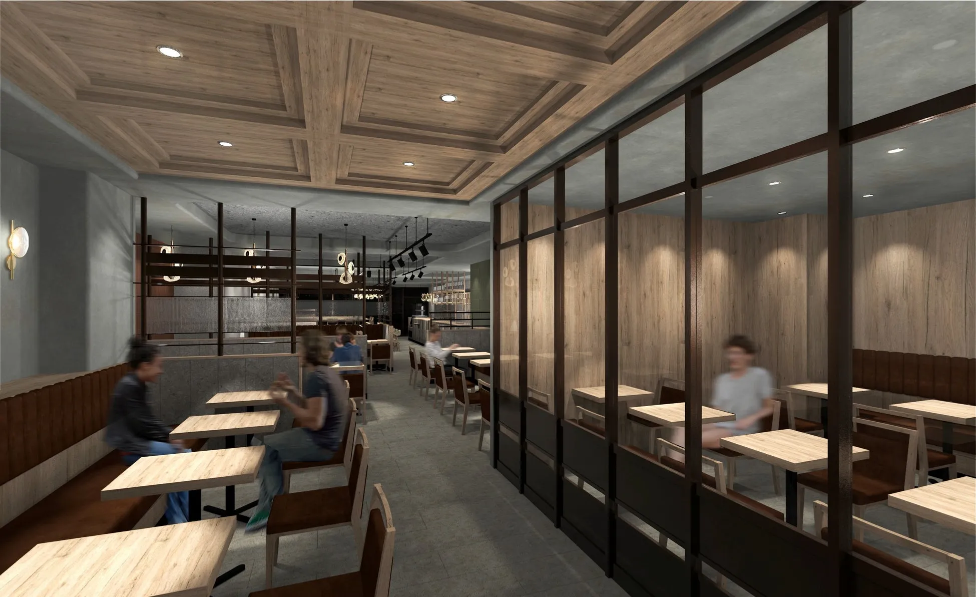 レストランの内観の様子。木材を基調とした内装で、テーブル席が配置されている。天井には照明が設置され、落ち着いた雰囲気を醸し出している。