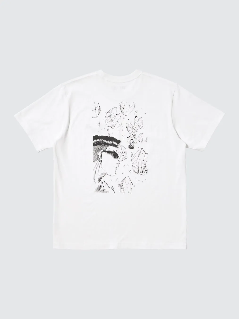 白いTシャツにサングラスをかけた男性と破片が描かれたイラスト