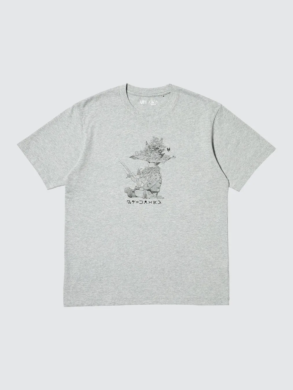 グレーのTシャツに剣を持った人物と植物のようなイラスト