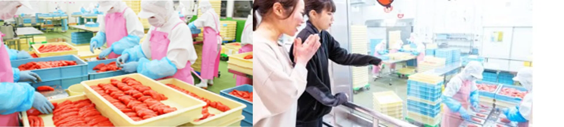 食品加工工場で、作業員が食品を加工している様子が写っています