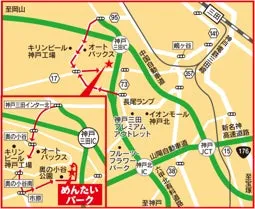 神戸三田IC周辺の地図。 キリンビール神戸工場やめんたいパークなどの施設が示されている