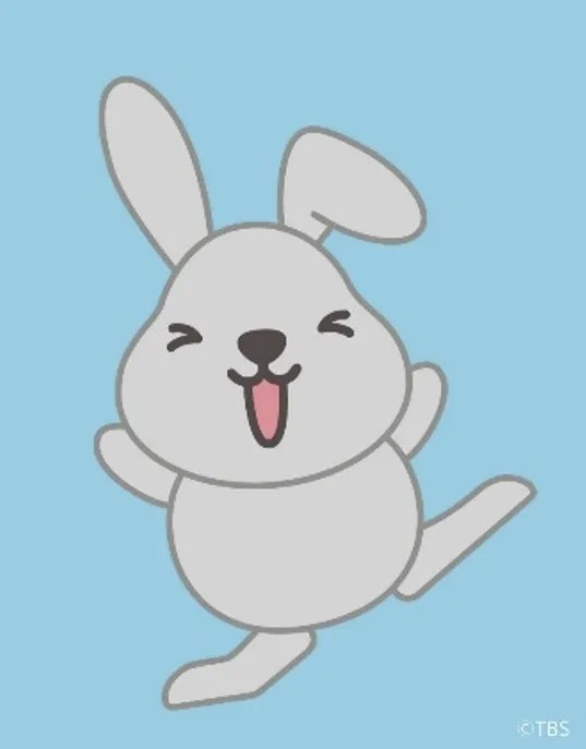 水色の背景に、楽しそうにジャンプする白いウサギのイラストです。