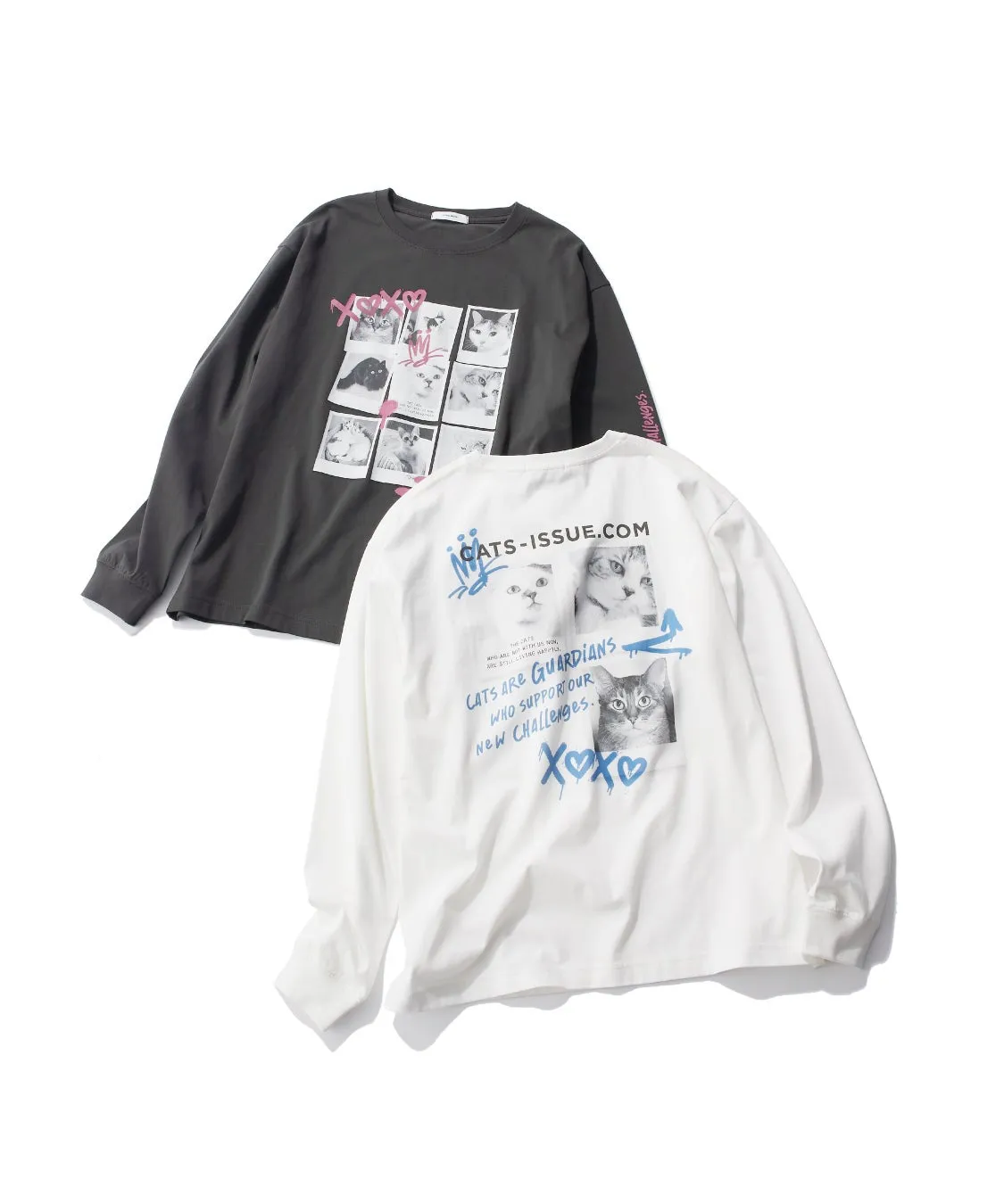 猫のイラストがプリントされた長袖Tシャツ