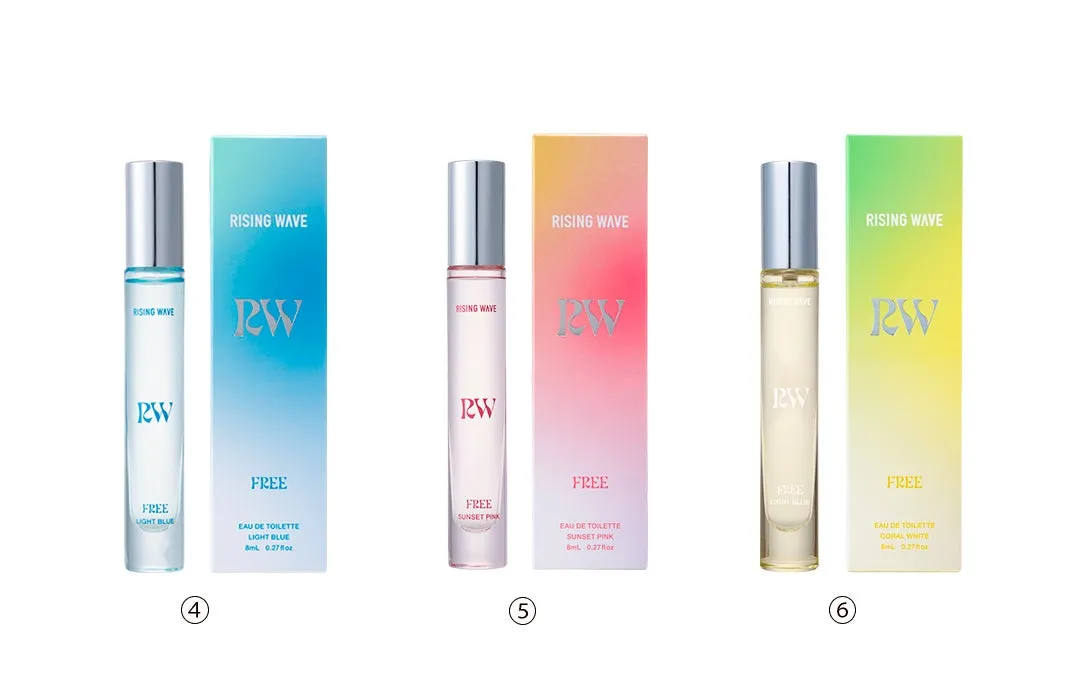 香水「RISING WAVE FREE」の3種類のボトルの写真。外箱とボトルが写っている。