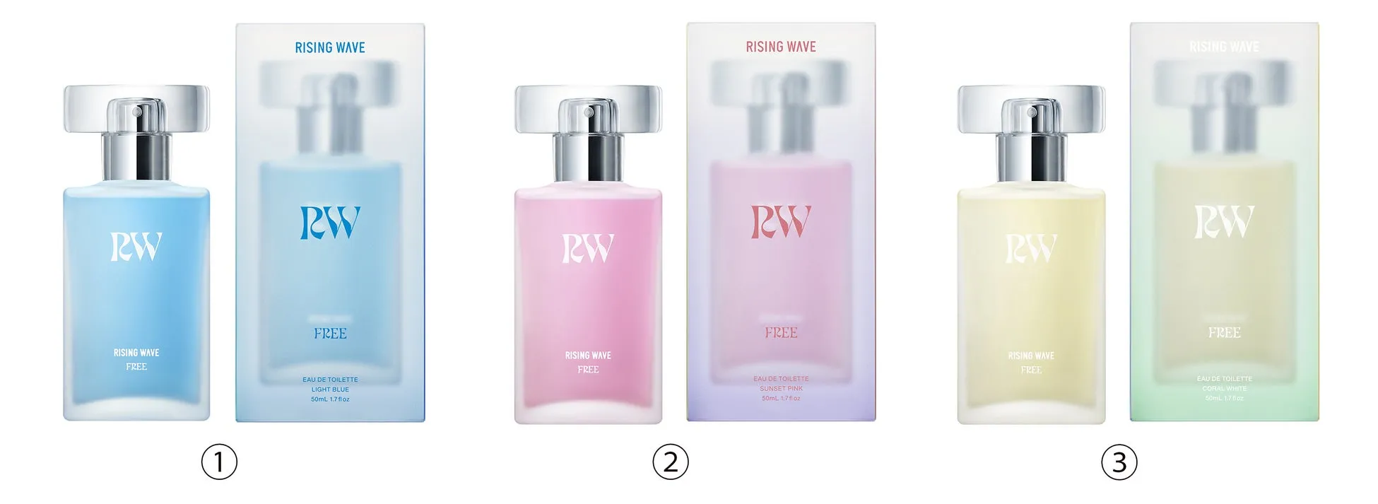 3種類の香水瓶が並んだ画像。それぞれ異なる色をしており、ラベルにはブランド名と製品名が記載されています。