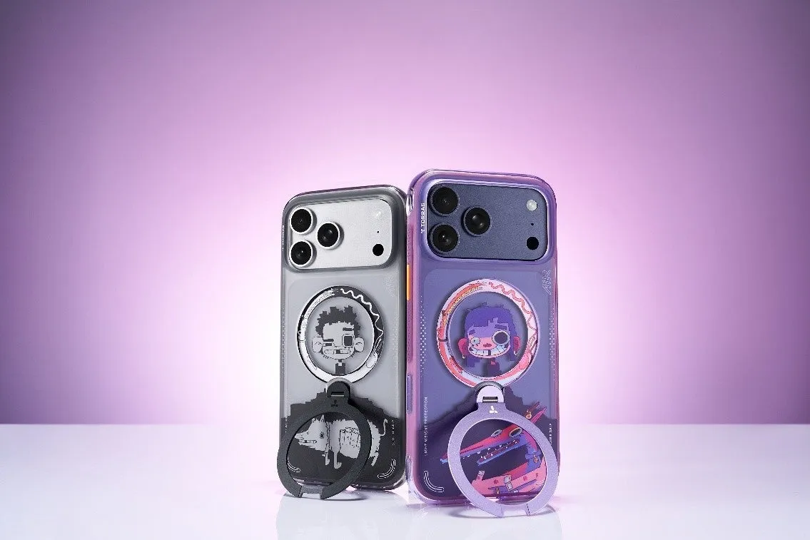 2つのiPhoneケースが並んでいる画像。ケースにはそれぞれキャラクターのイラストとリングが付いている。背景は紫色のグラデーション。