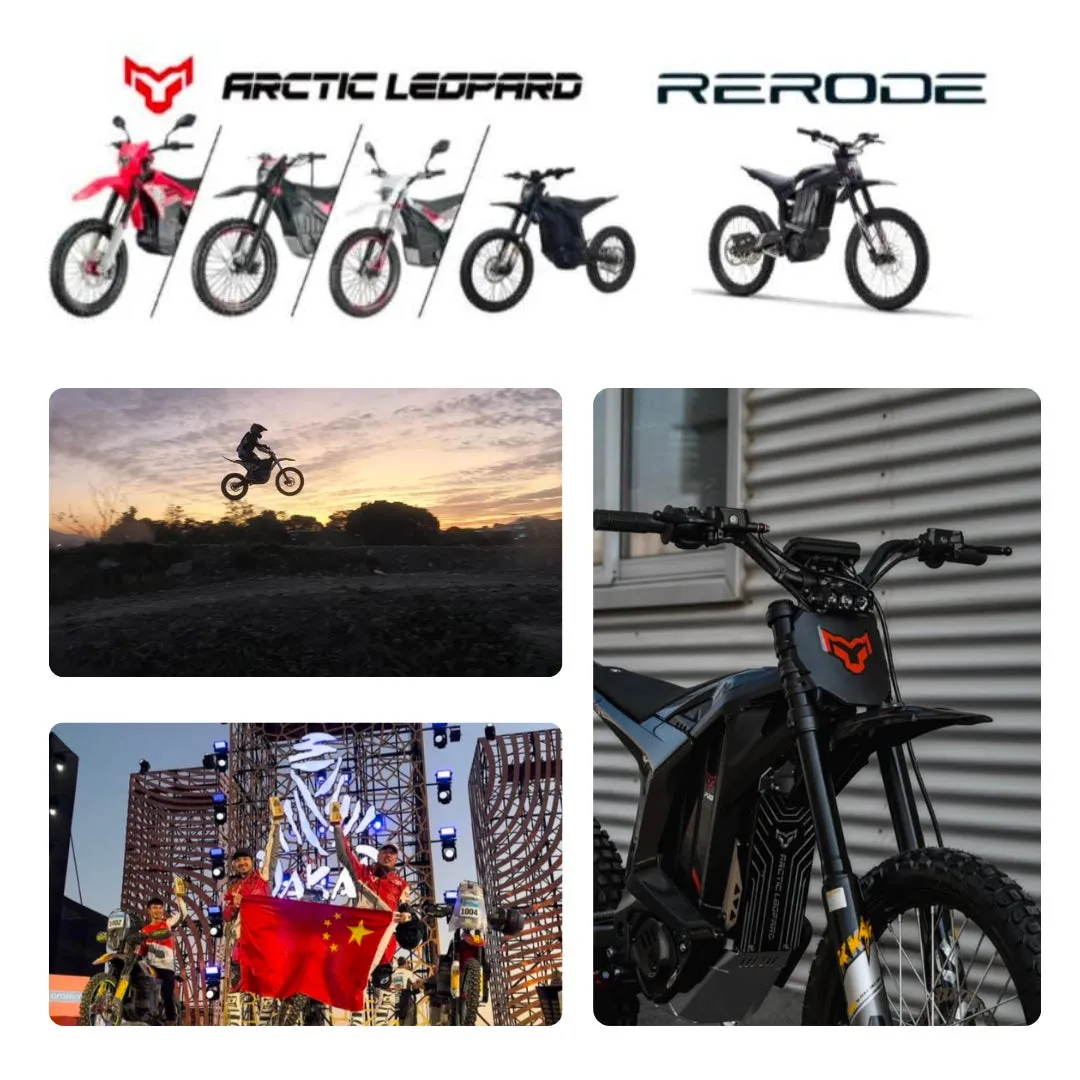 バイクの写真が複数枚掲載されている画像です。上部にはブランド名と思われる「ARCTIC LEOPARD」と「RERODE」のロゴがあります。その他、バイクに乗ってジャンプしている人、中国の国旗を持っている人たちの写真も含まれています。
