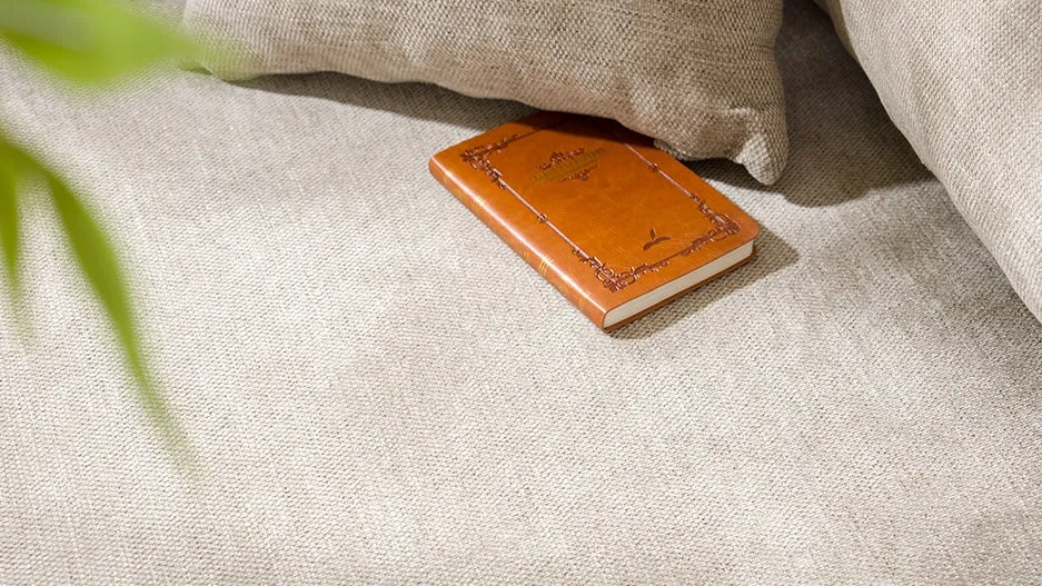 茶色の革張りの本が置かれた、くつろいだ雰囲気のクローズアップ写真。