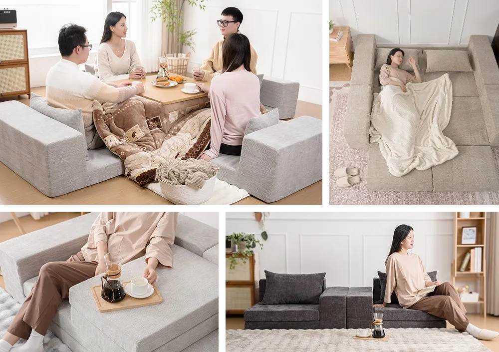 様々なシーンで使用できる、モジュール式のソファと人々を描いた画像