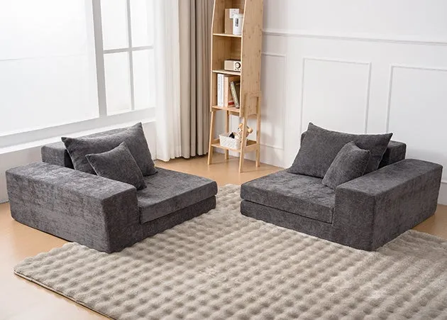 リビングルームには、2つのグレーのソファ、窓、本棚があり、ソファの下にはカーペットが敷かれています。