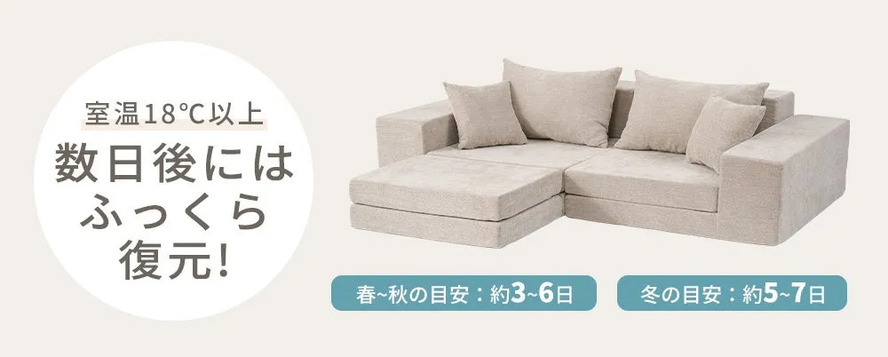 ベージュ色のL字型ソファの画像。室温18度以上で数日後にふっくらと復元するとのこと。