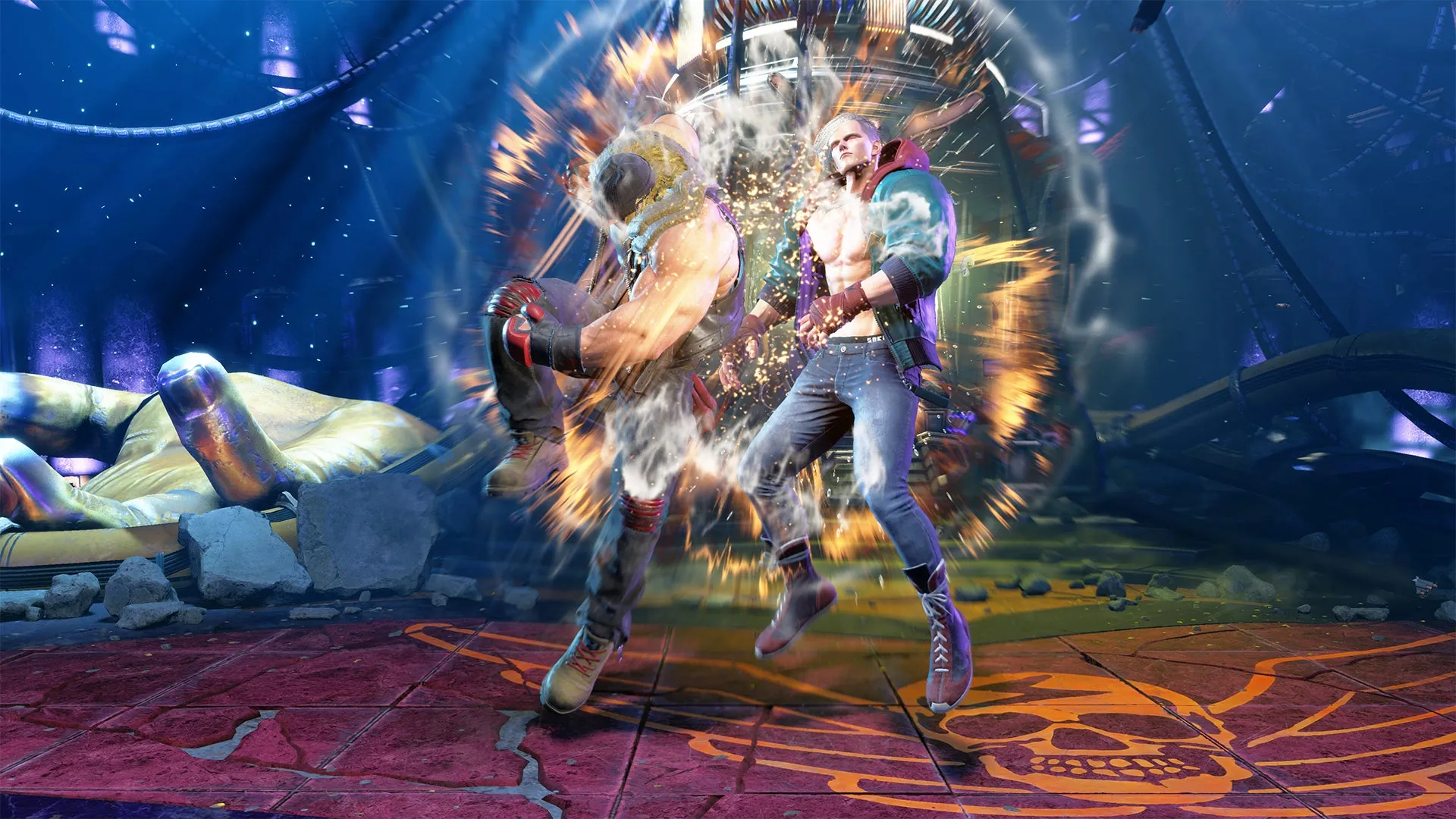 2人のキャラクターが対戦している格闘ゲームのシーン。SF的な構造物と光のエフェクト