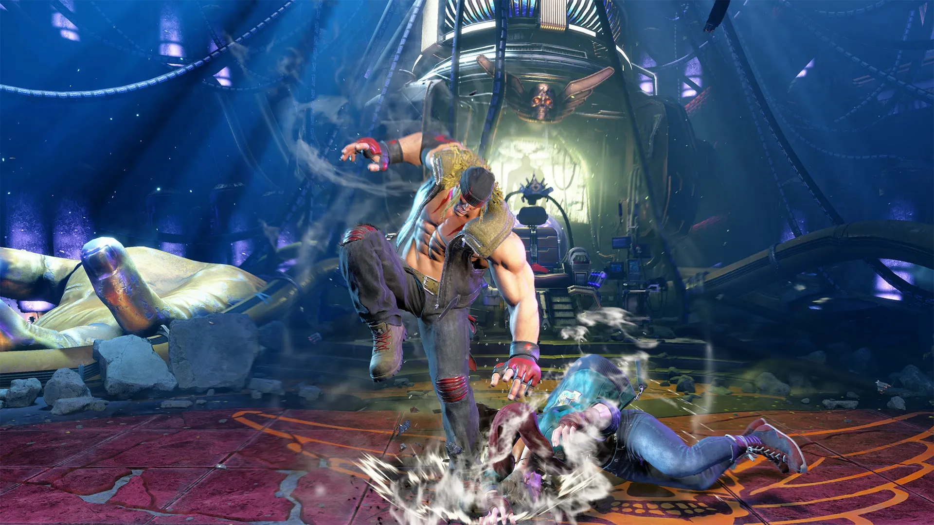 格闘ゲームのシーン。男性キャラクターが相手に攻撃を仕掛けている様子