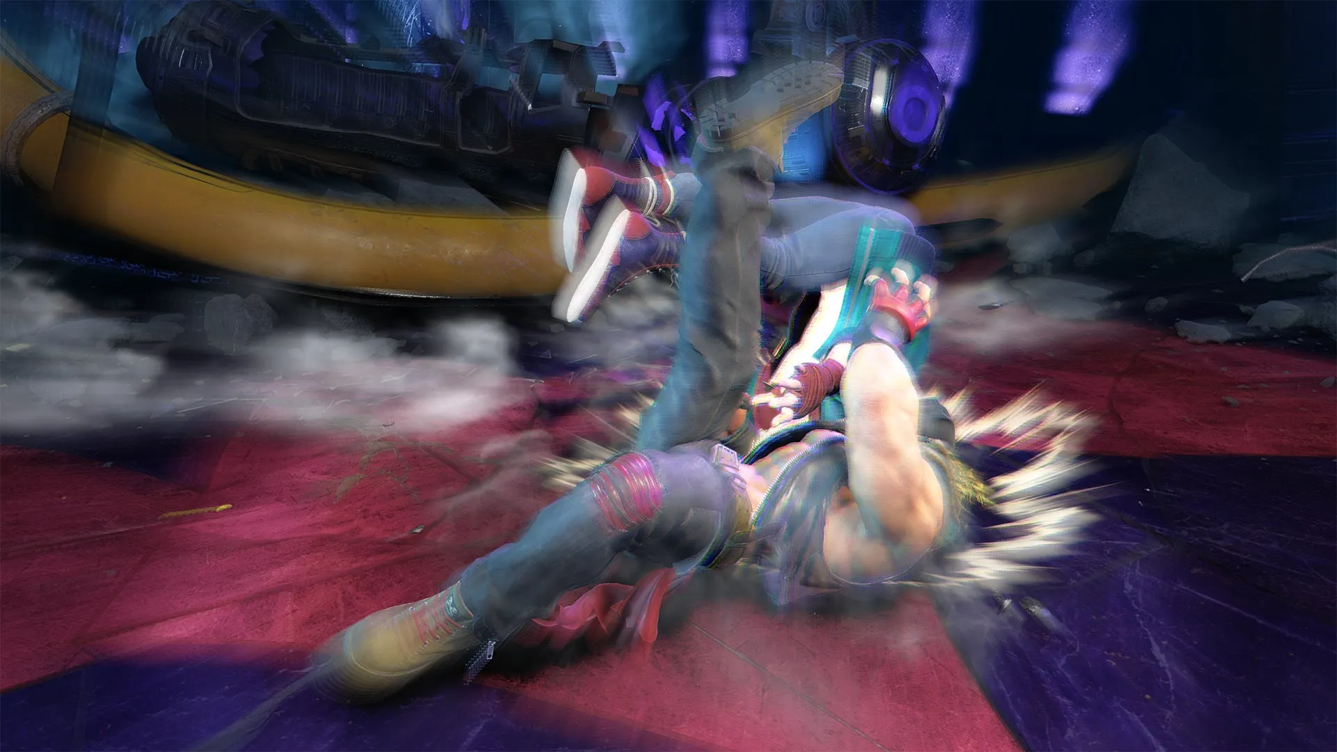 格闘ゲームのシーン。キャラクターが倒れている様子が描かれている