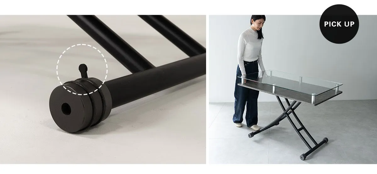 女性がテーブルを持ち上げている様子と、テーブルの脚の構造が写っています。