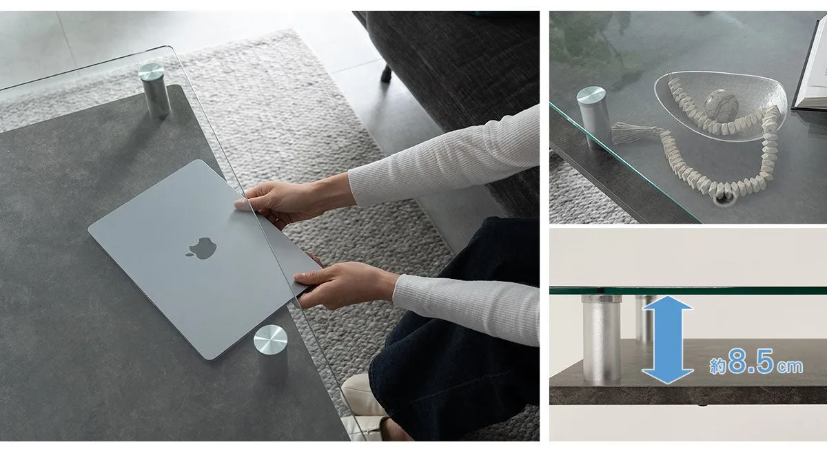テーブルの上にMacBookが置かれている様子。テーブルの高さが約8.5cmであることが示されている。