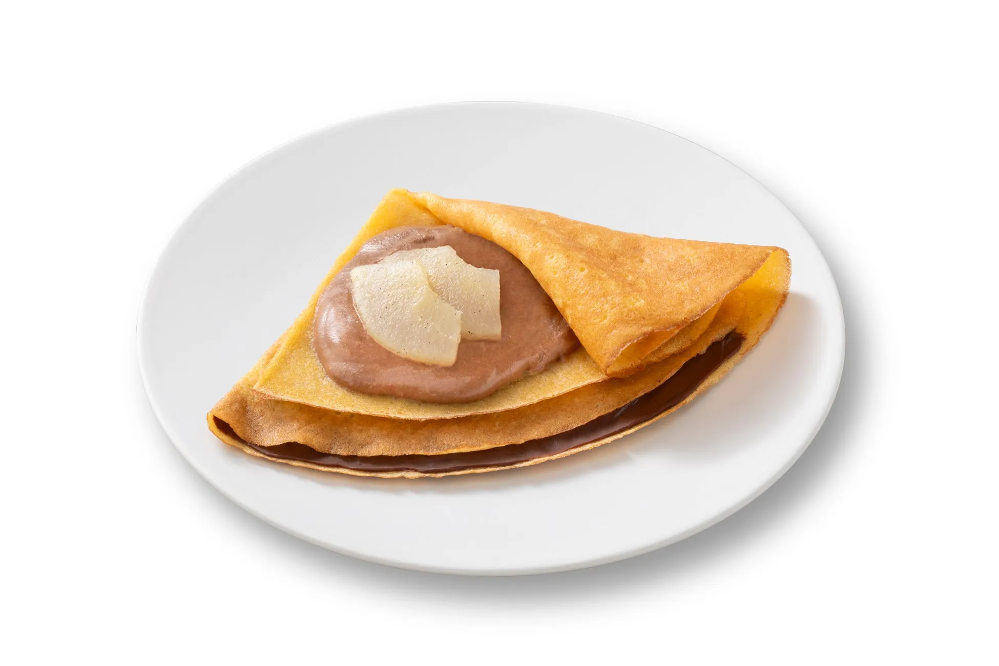 お皿に載ったクレープの画像です。クレープは茶色いクリームと白いフルーツがトッピングされています。