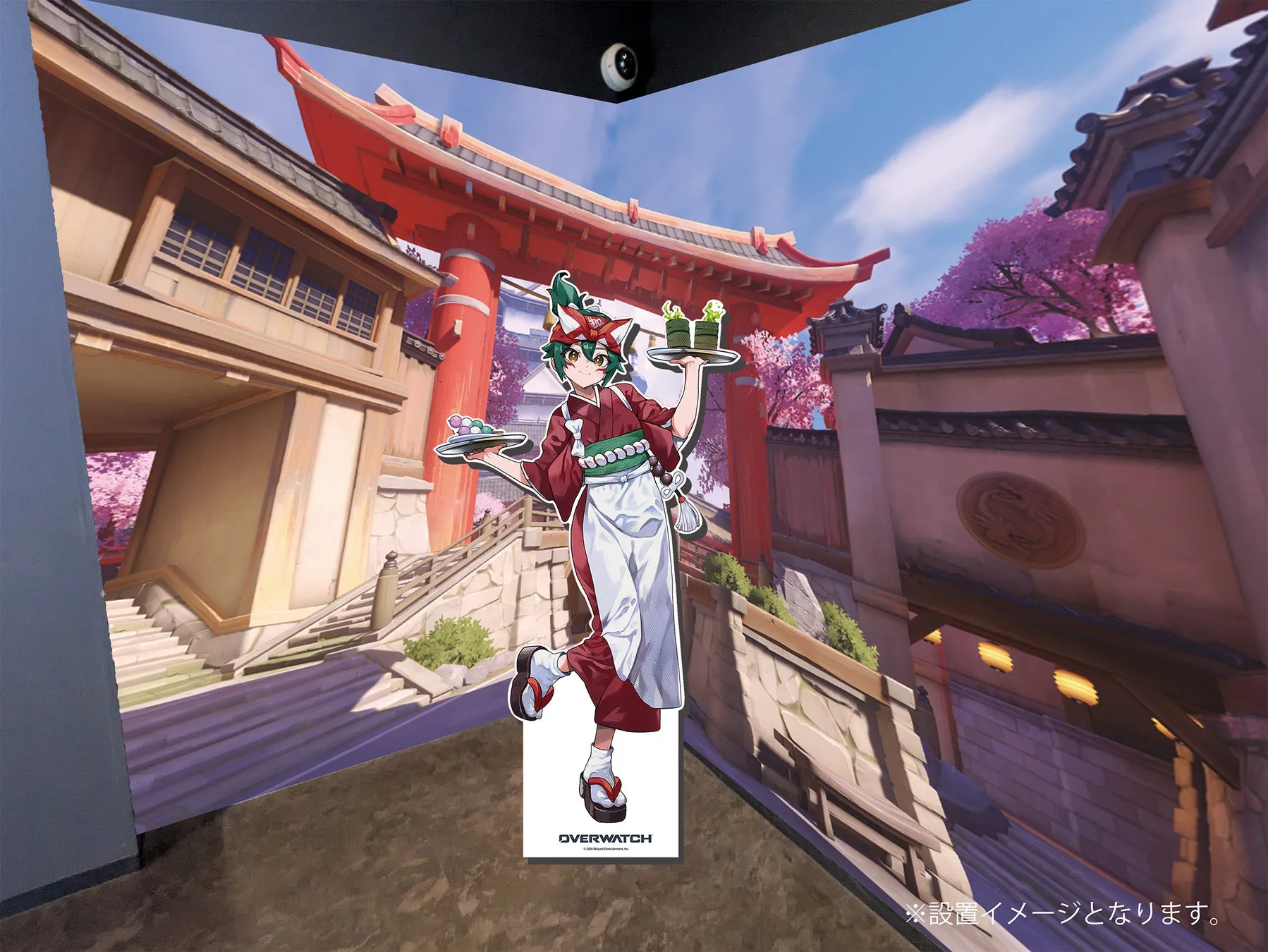 オーバーウォッチのキャラクターが、日本の風景の中で料理を運んでいるイラストです。