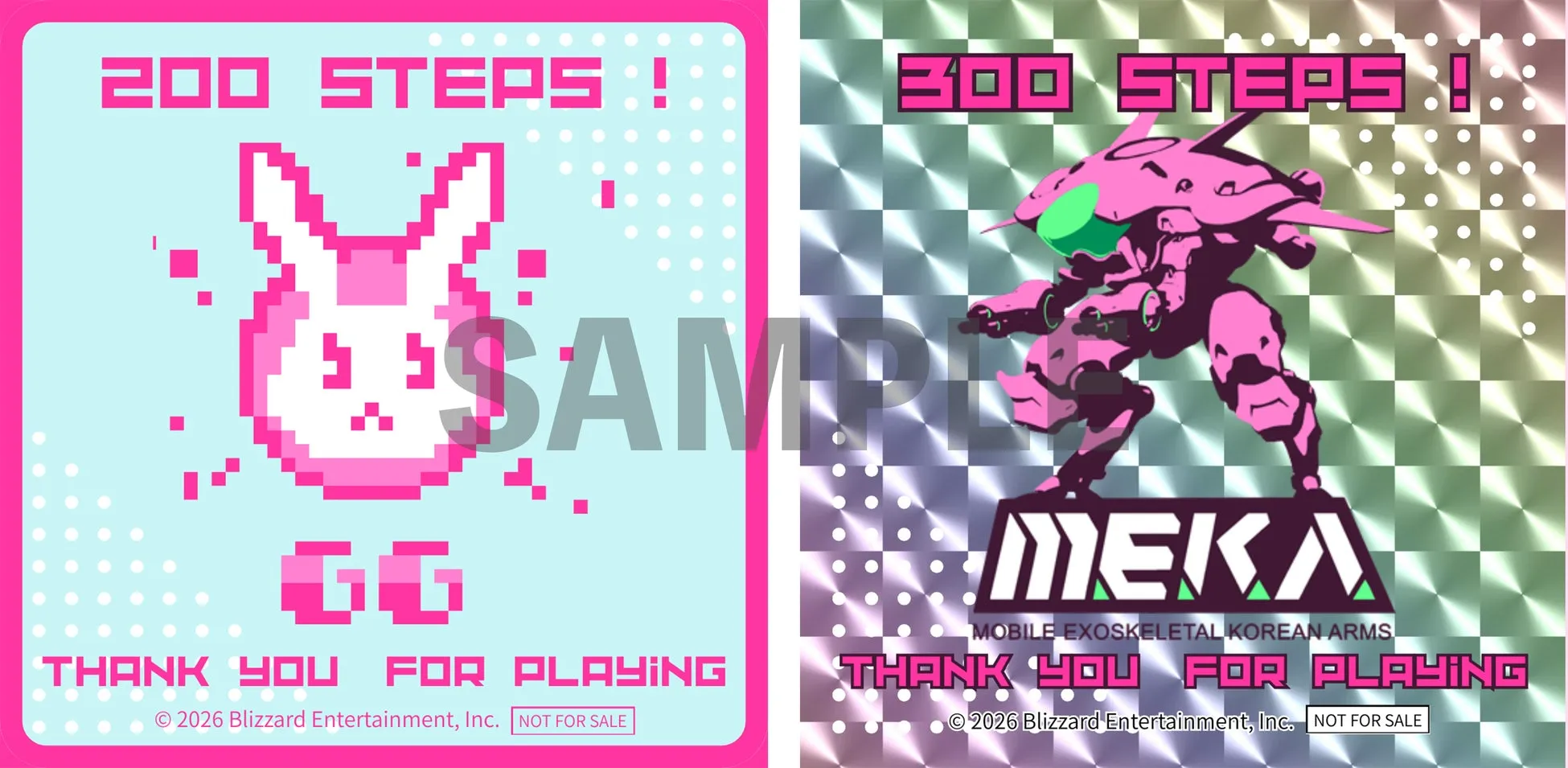 2枚のカード。1枚はウサギのピクセルアートで「200 STEPS!」と書かれており、「THANK YOU FOR PLAYING」と書かれている。もう1枚はMEKAの画像で「300 STEPS!」と書かれており、「THANK YOU FOR PLAYING」と書かれている。