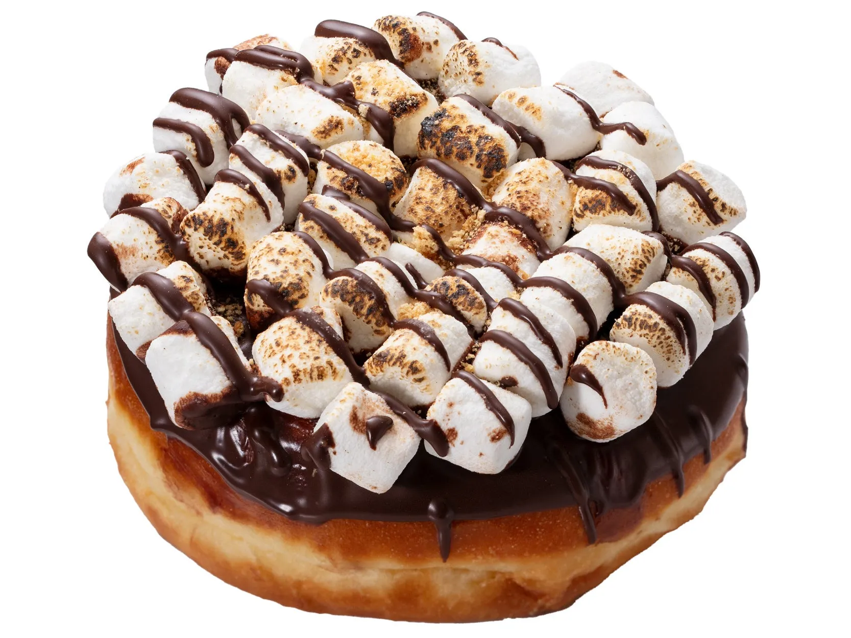 マシュマロとチョコレートでデコレーションされたドーナツのクローズアップ写真。