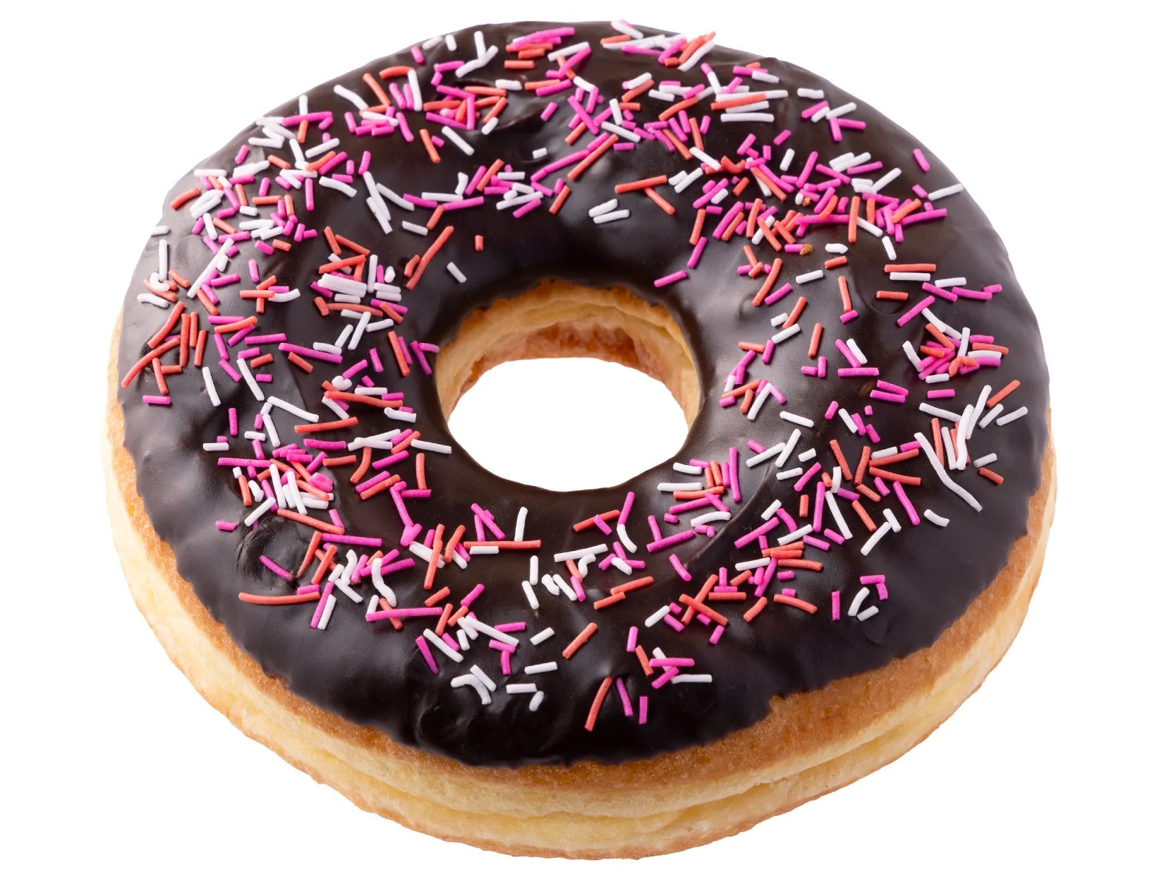 チョコレートグレーズとカラフルなスプリンクルがトッピングされたドーナツのクローズアップ画像