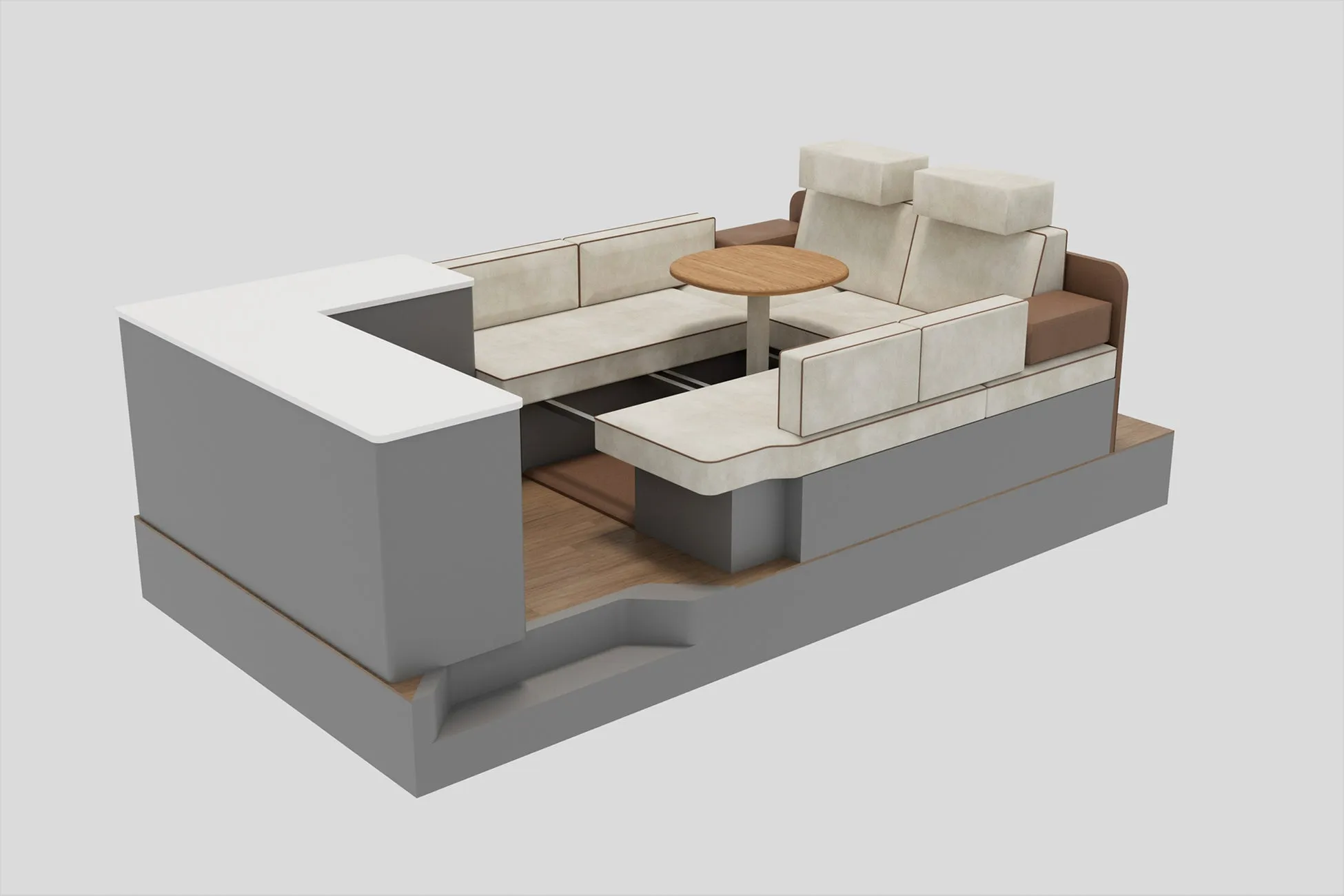 内装の3Dレンダリング。ソファとテーブルが配置された空間が描かれている。