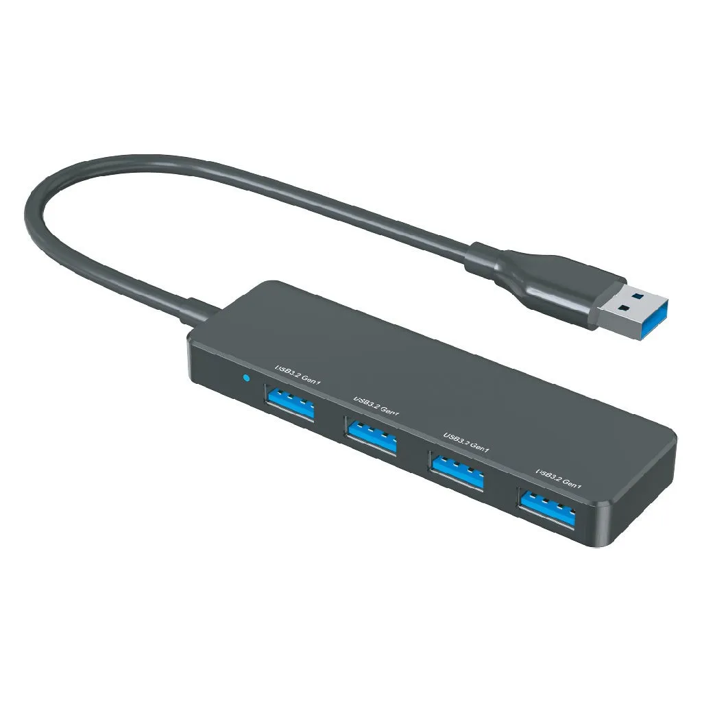 USBハブの画像。USBケーブルと4つのUSBポートを備えたグレーの長方形のデバイスです。