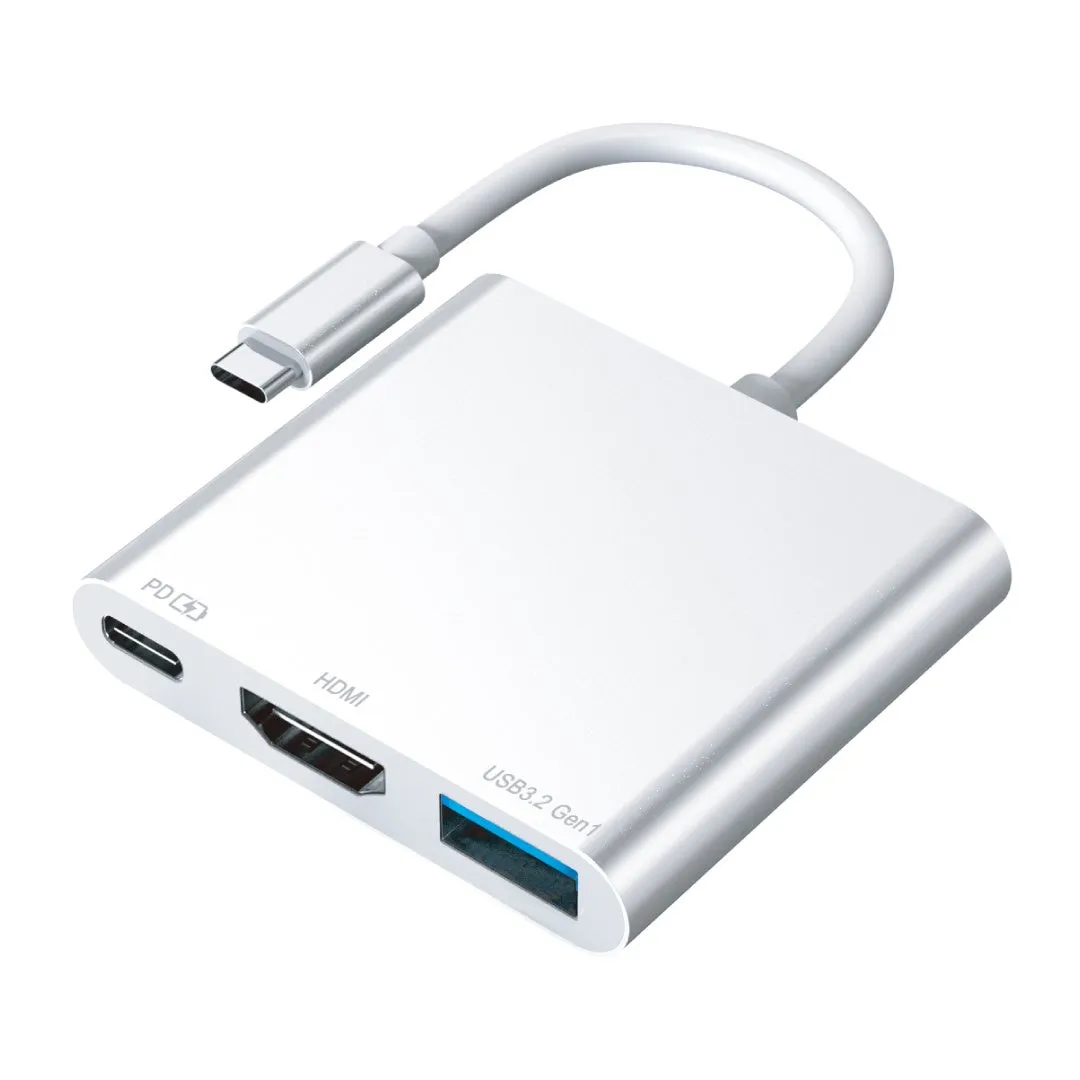 白くてスタイリッシュなUSB Type-Cハブの画像。 HDMIポート、USB 3.2 Gen 1ポート、およびPDポートが備わっています。