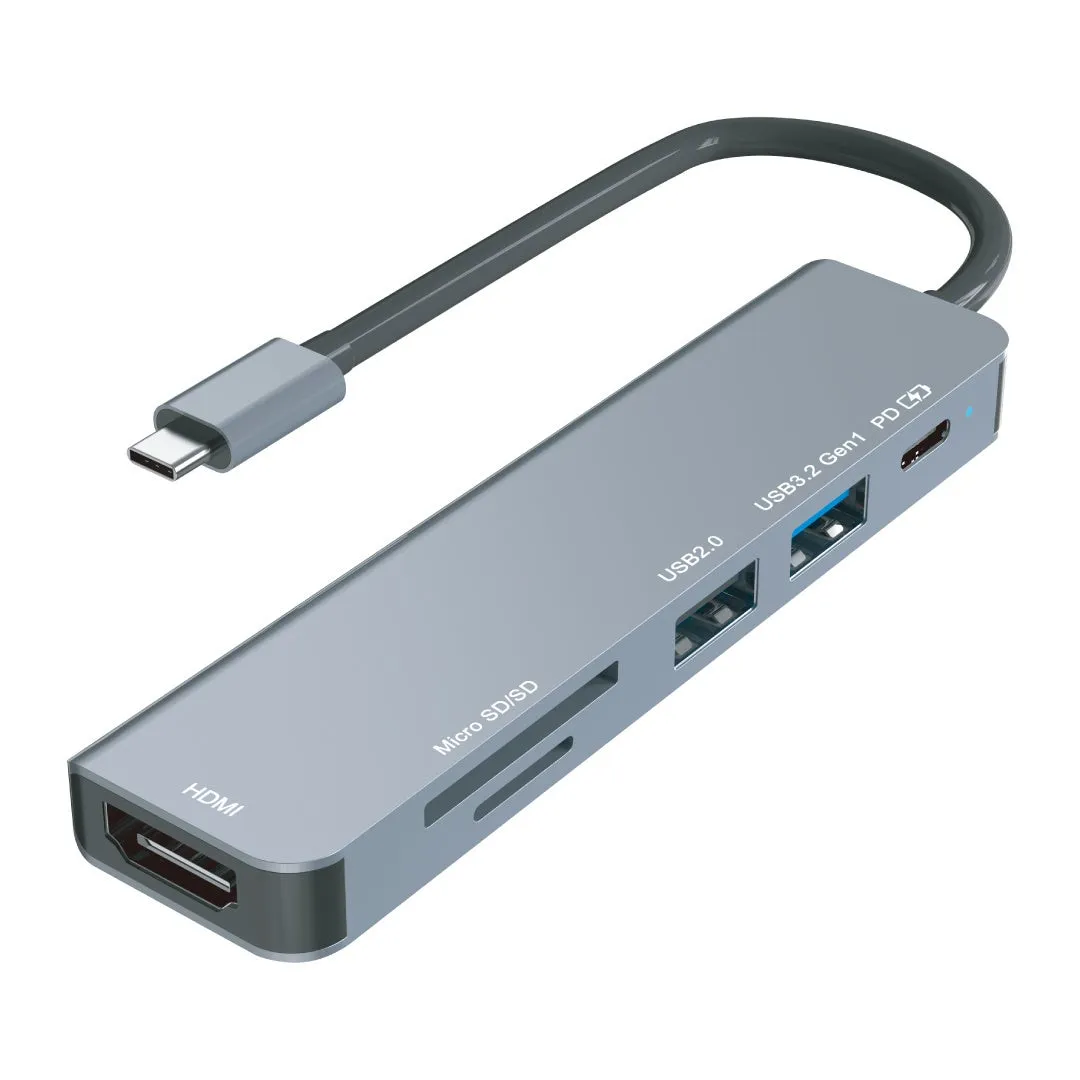 グレーのUSB Type-Cハブの画像。HDMI、USB2.0、USB3.2 Gen1、Micro SD/SD、PDのポートがある。