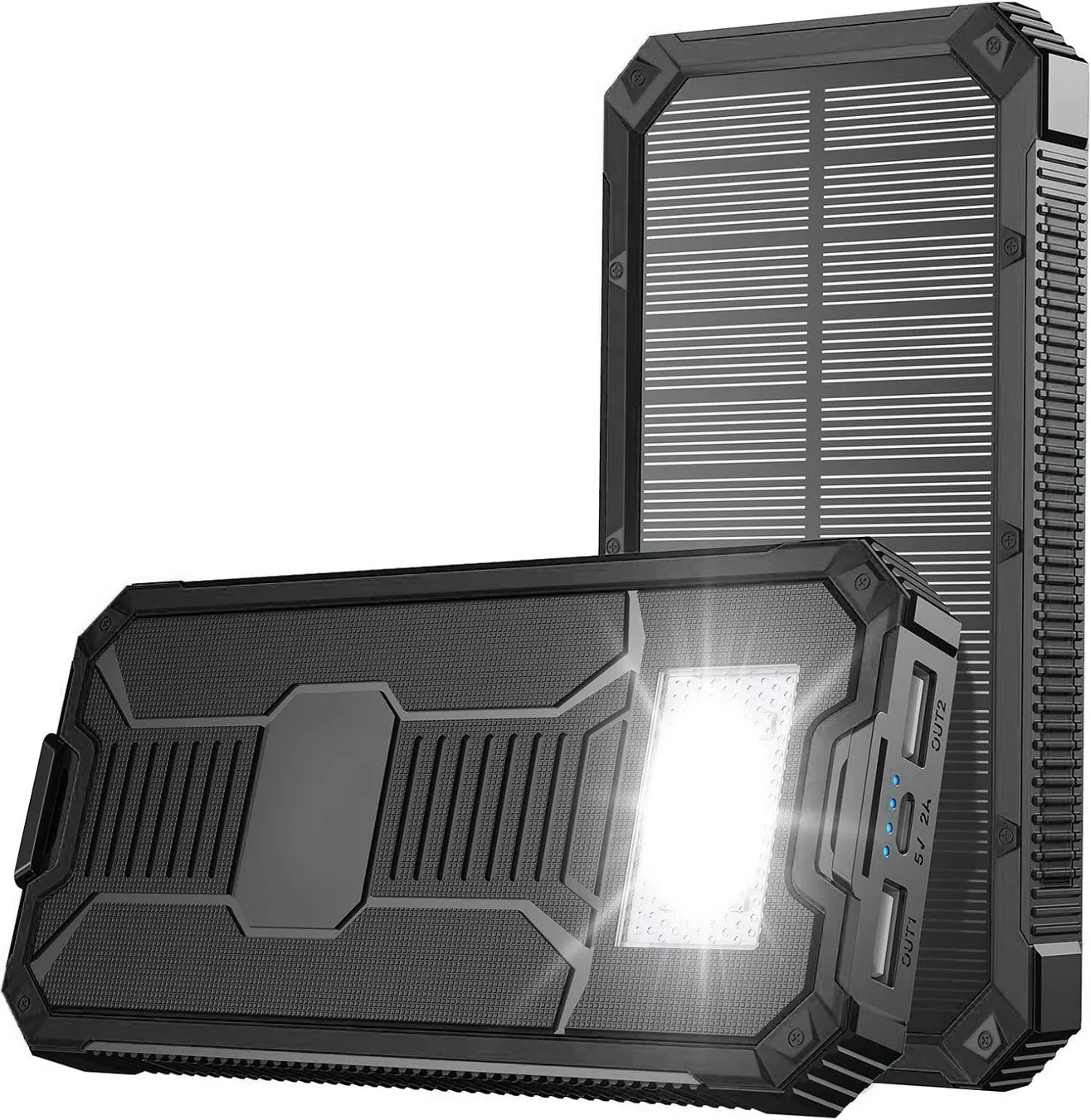 ソーラーパネル付きのモバイルバッテリー。前面にはLEDライト、側面には充電ポートと残量表示LED、背面にはソーラーパネルが搭載されている。