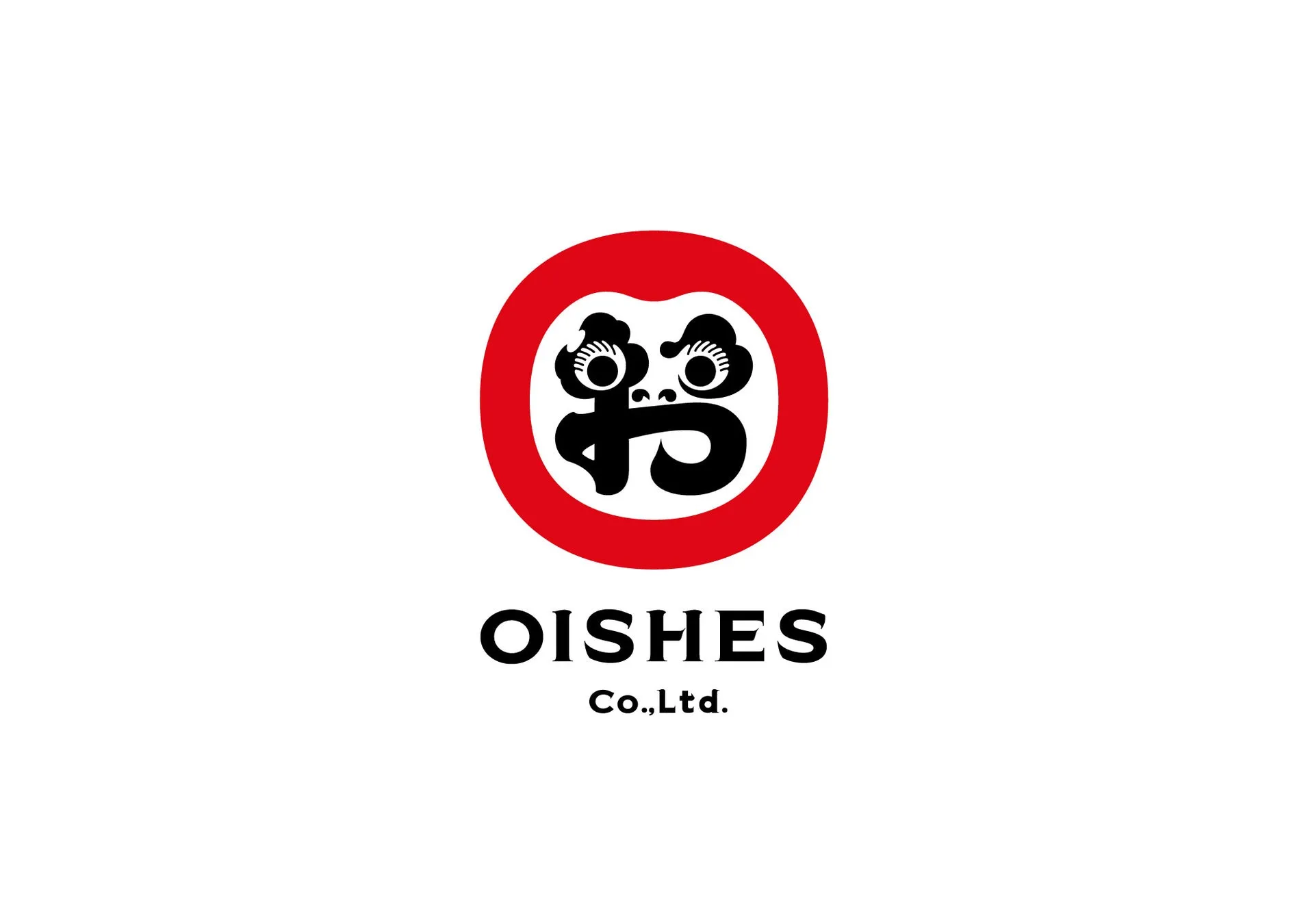 赤色の円の中に、顔のようなデザインのロゴマークがあり、その下に「OISHES」と「Co.,Ltd.」の文字が配置されたロゴ。