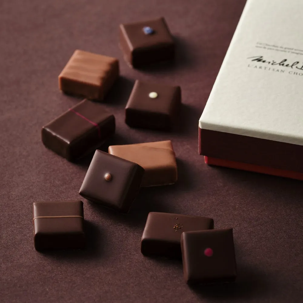 チョコレートがいくつか並べられた写真です。チョコレートは正方形や長方形の形をしており、様々な色や模様があります。チョコレートの横には、Michelと書かれた箱があります。