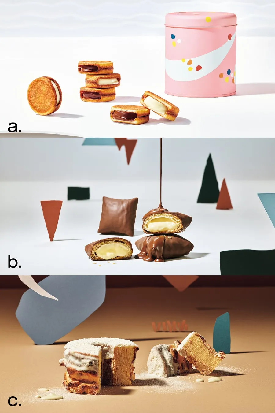 3つの異なるデザートのクローズアップ写真。一番上はクッキーサンド、真ん中はチョコレートでコーティングされたクリーム入りのペストリー、一番下はバウムクーヘンです。