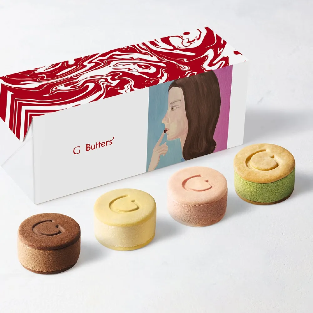 4種類のバターケーキが入った箱と、箱のイラストが描かれた写真です。