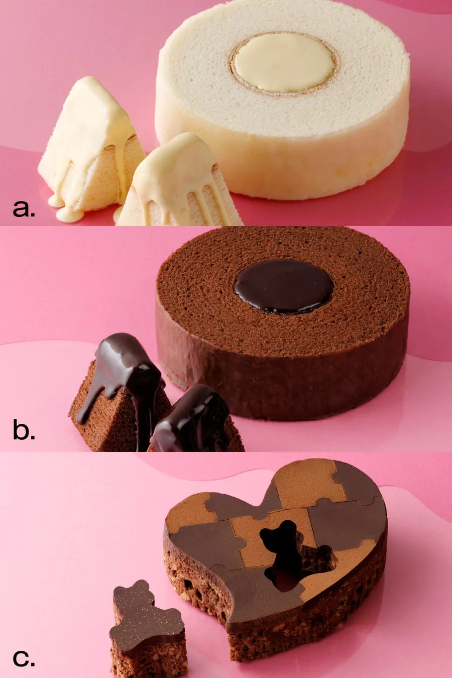 ピンク色の背景に、さまざまな種類のケーキが並んだ写真。a. バウムクーヘンと、ホワイトチョコレートがかかった三角形のケーキ。b. チョコレートケーキと、チョコレートソースがかかった三角形のケーキ。c. ハート型のチョコレートケーキと、クマの形のケーキ。