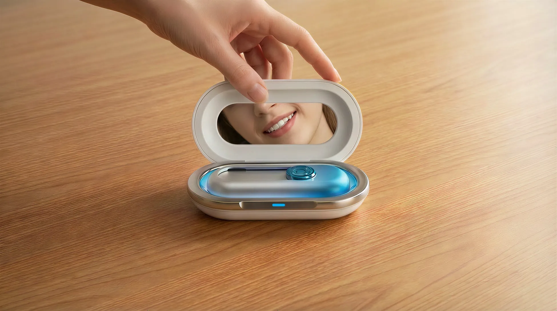 木目調のテーブルの上に置かれたポータブル歯ブラシ滅菌器。歯ブラシ滅菌器の上には女性の口元が映る鏡があり、手が持っている様子が写っています。