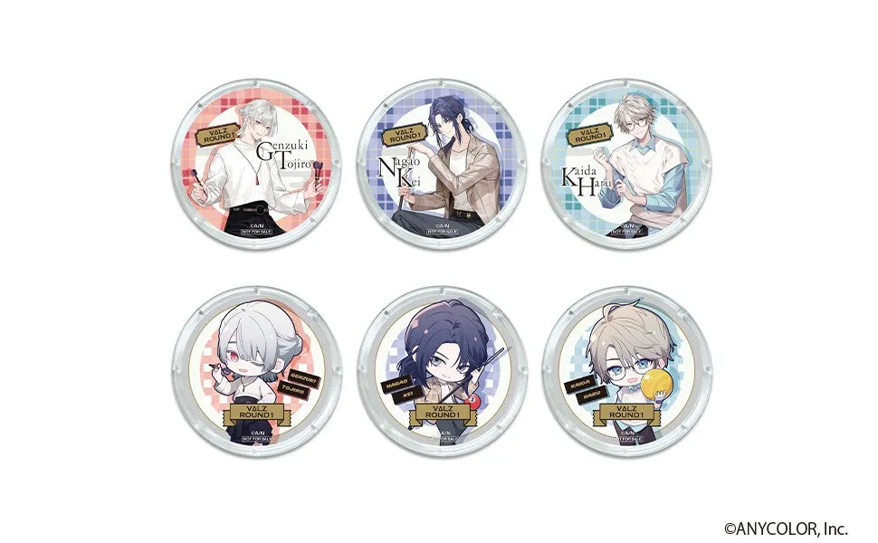 VALZ ROUND1のキャラクターがデザインされた、6種類の缶バッジ（※プレスリリースではアクリルコースター）。