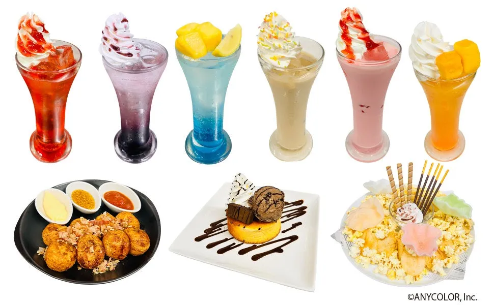 カラフルなドリンクやたこ焼き、ケーキ、ポップコーンなど、コラボをイメージさせるデザートとドリンクが並んでいます。